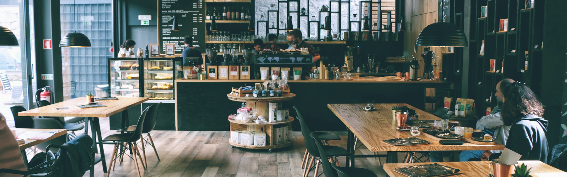 Warm coffee shop interior with natural light